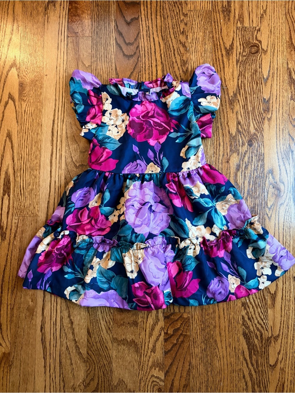 Janie and Jack Navy Floral Ruffle Dress with Pink, Purple and Cream Blooms